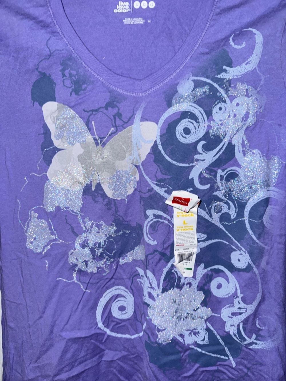 Hanes Women L Purple Butterfly Graphic V-Neck Long Sleeve Cotton Y2K Style NWT - Picture 3 of 8